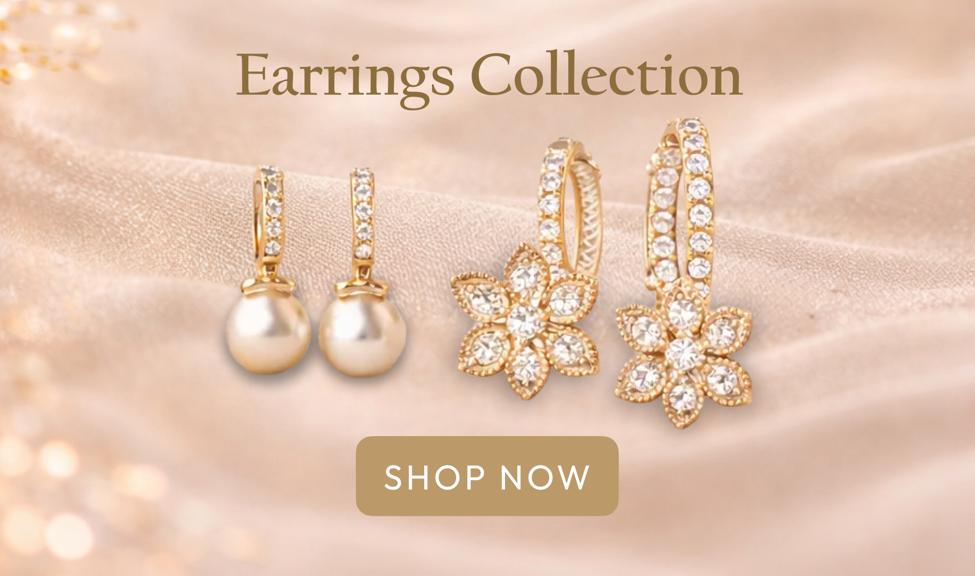Exquisite gold earrings: classic pearl drops and dazzling floral diamond hoops on a luxurious champagne fabric. Shop now.