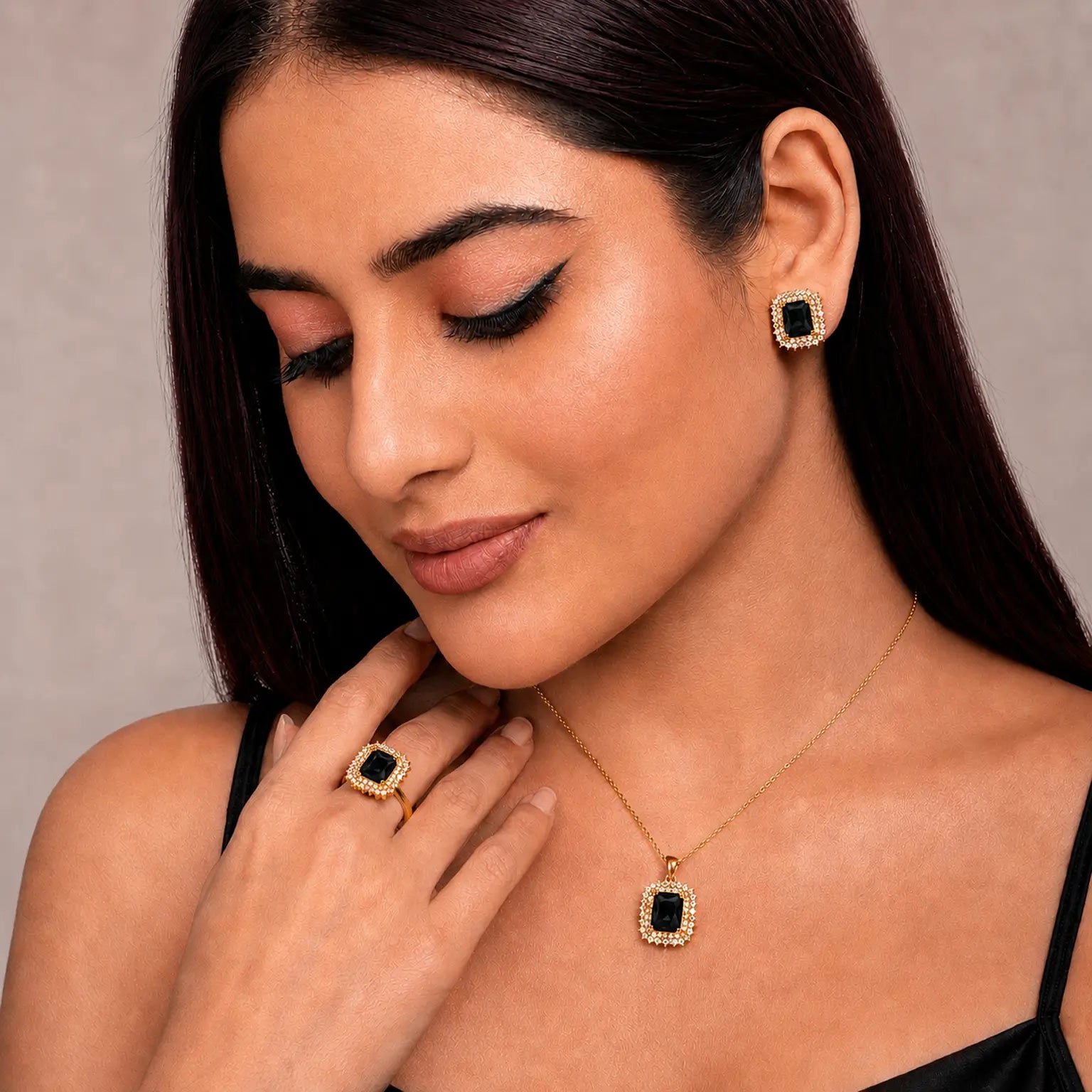 Premium Gold Square Stone Jewelry Set
