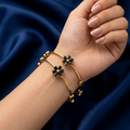 Black Floral Adjustable Gold Stainless Steel Bracelets – Set of 2