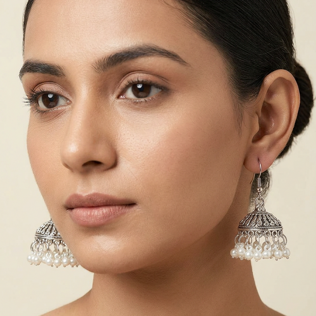 Oxidized silver Pearl Jhumki by Zaraya Store, featuring intricate bell design with dangling white pearls, worn by a woman.