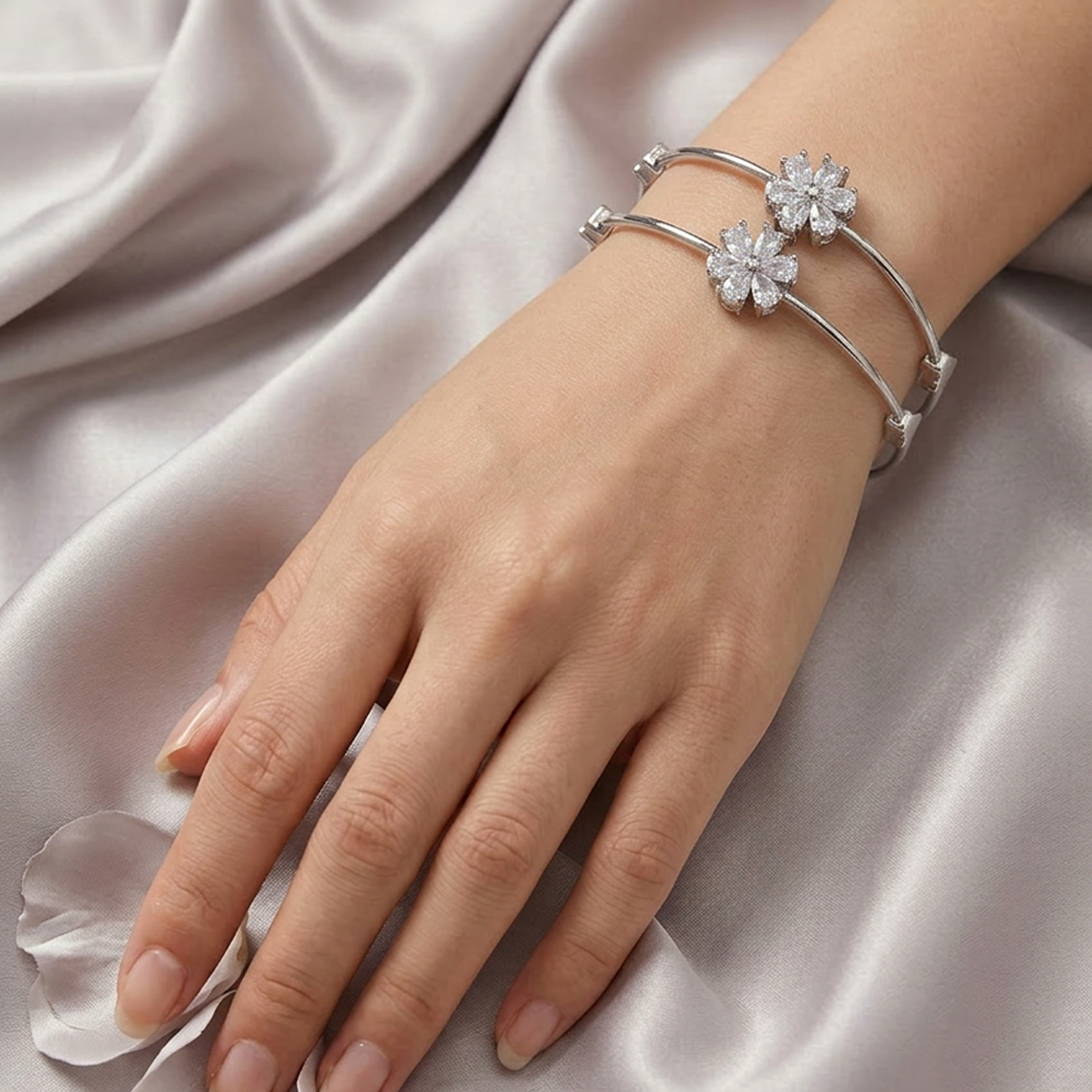 Clear Diamond Floral Adjustable Silver Stainless Steel Bracelet – Set of 2