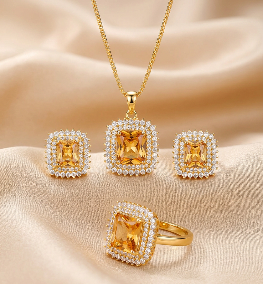 Premium Gold Square Stone Jewelry Set (Light Amber)
