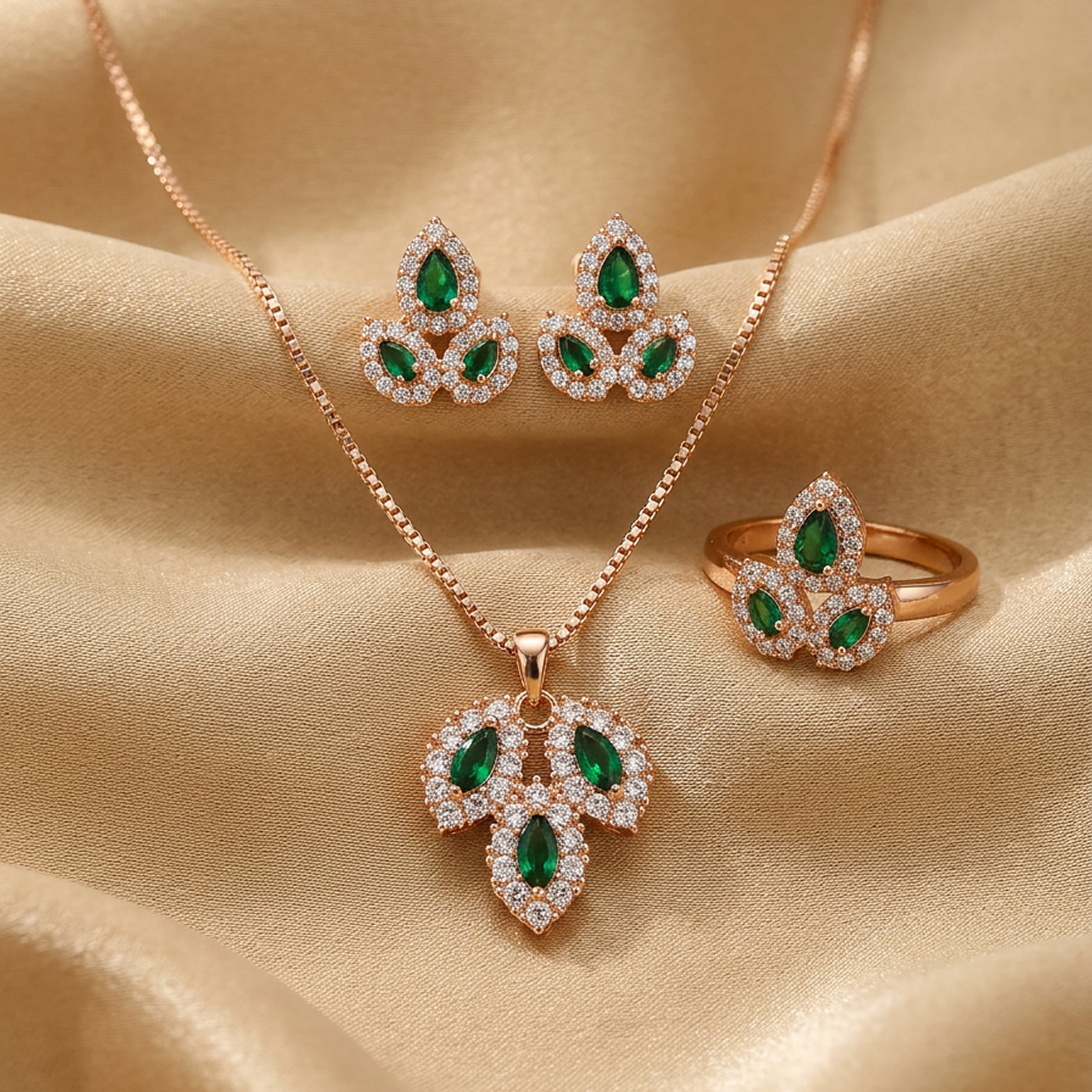 Luxury Gold Leaf Stone Jewelry Set by Zaraya Store, featuring rose gold, green, and clear stones on a satin background.