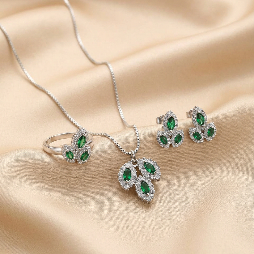 Premium Silver Leaf Stone Jewelry Set (Green)