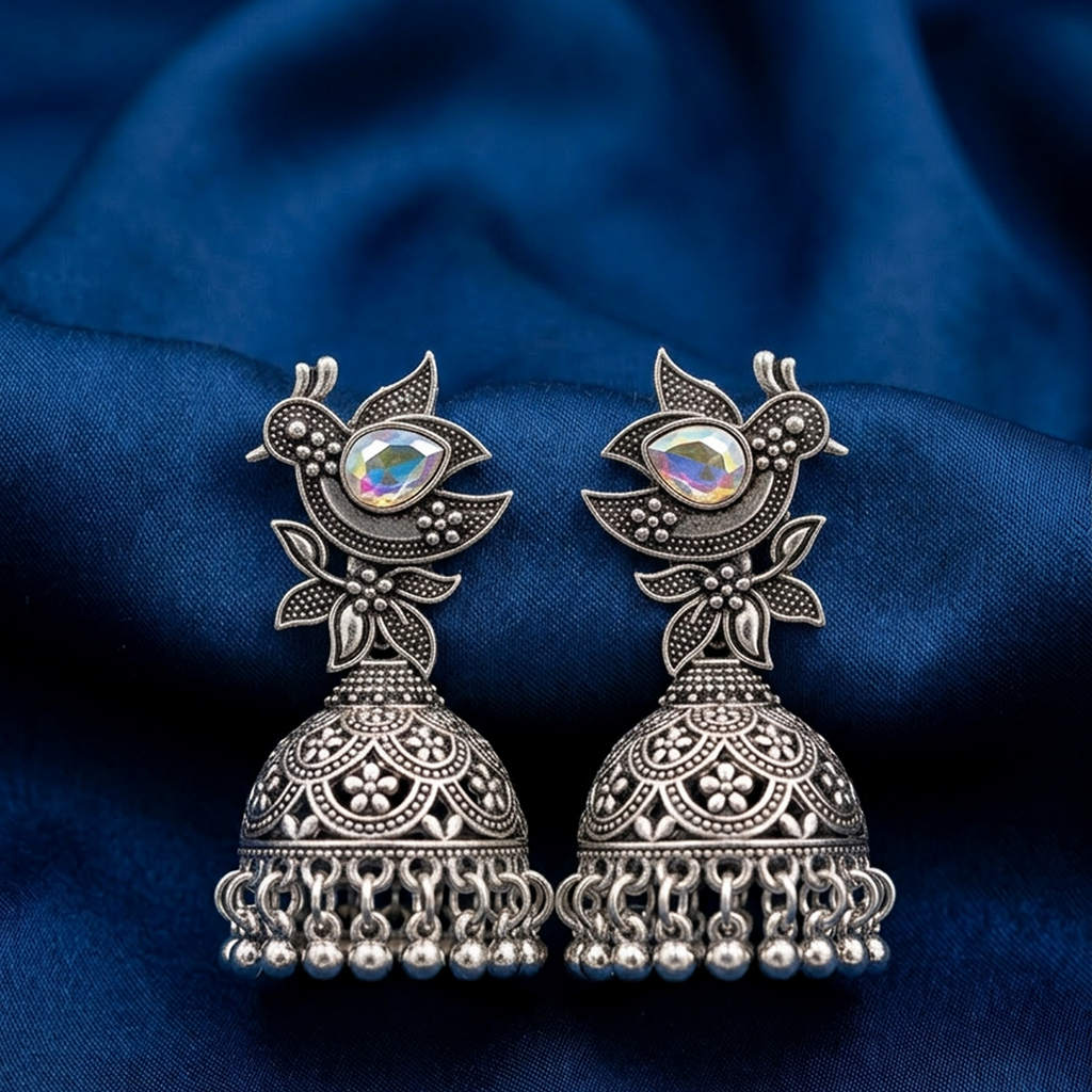 Antique Silver-Plated Kundan Jhumka