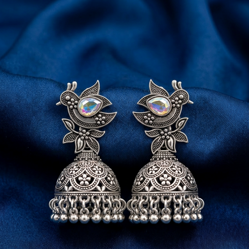 Antique Silver-Plated Kundan Jhumka