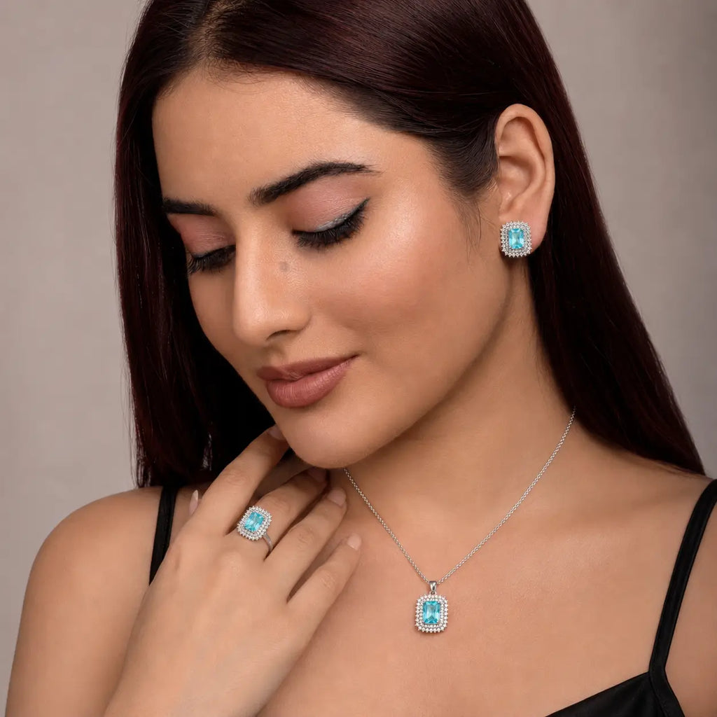Elegant Silver Square Stone Jewelry Set