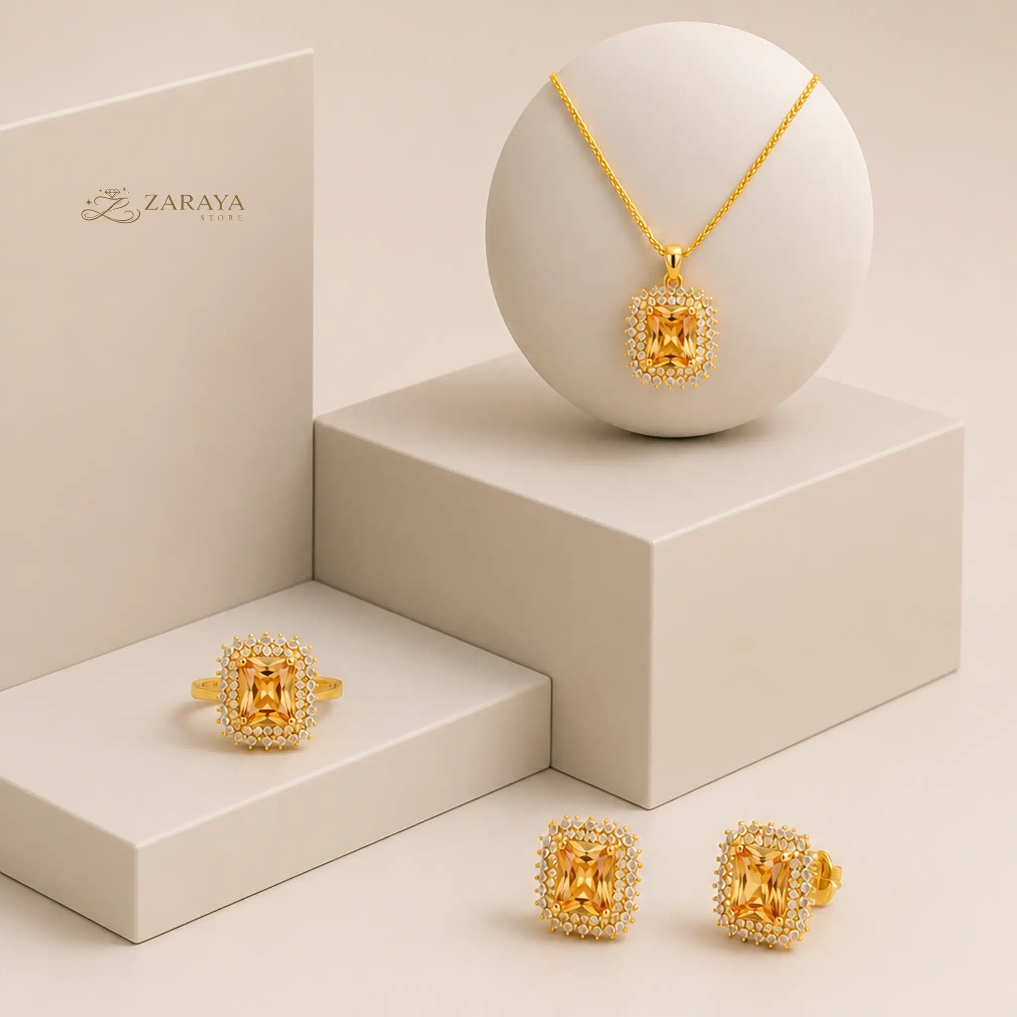 Premium Gold Square Stone Jewelry Set