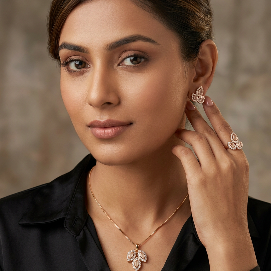 Rose gold leaf jewelry set from Zaraya Store, featuring matching necklace, earrings, and ring with oval stones.