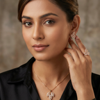 Rose gold leaf jewelry set from Zaraya Store, featuring matching necklace, earrings, and ring with oval stones.