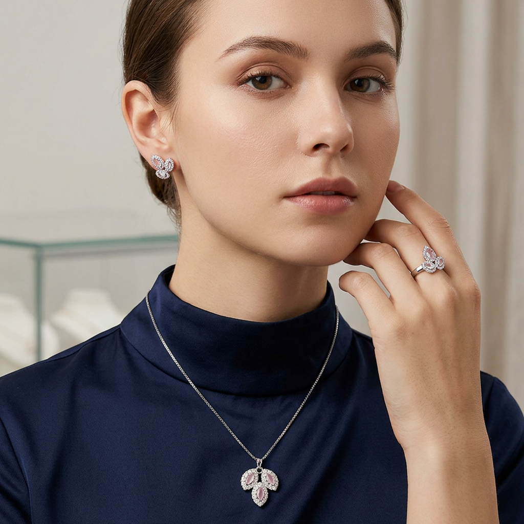 Premium Silver Leaf Stone Jewelry Set (Light Pink)