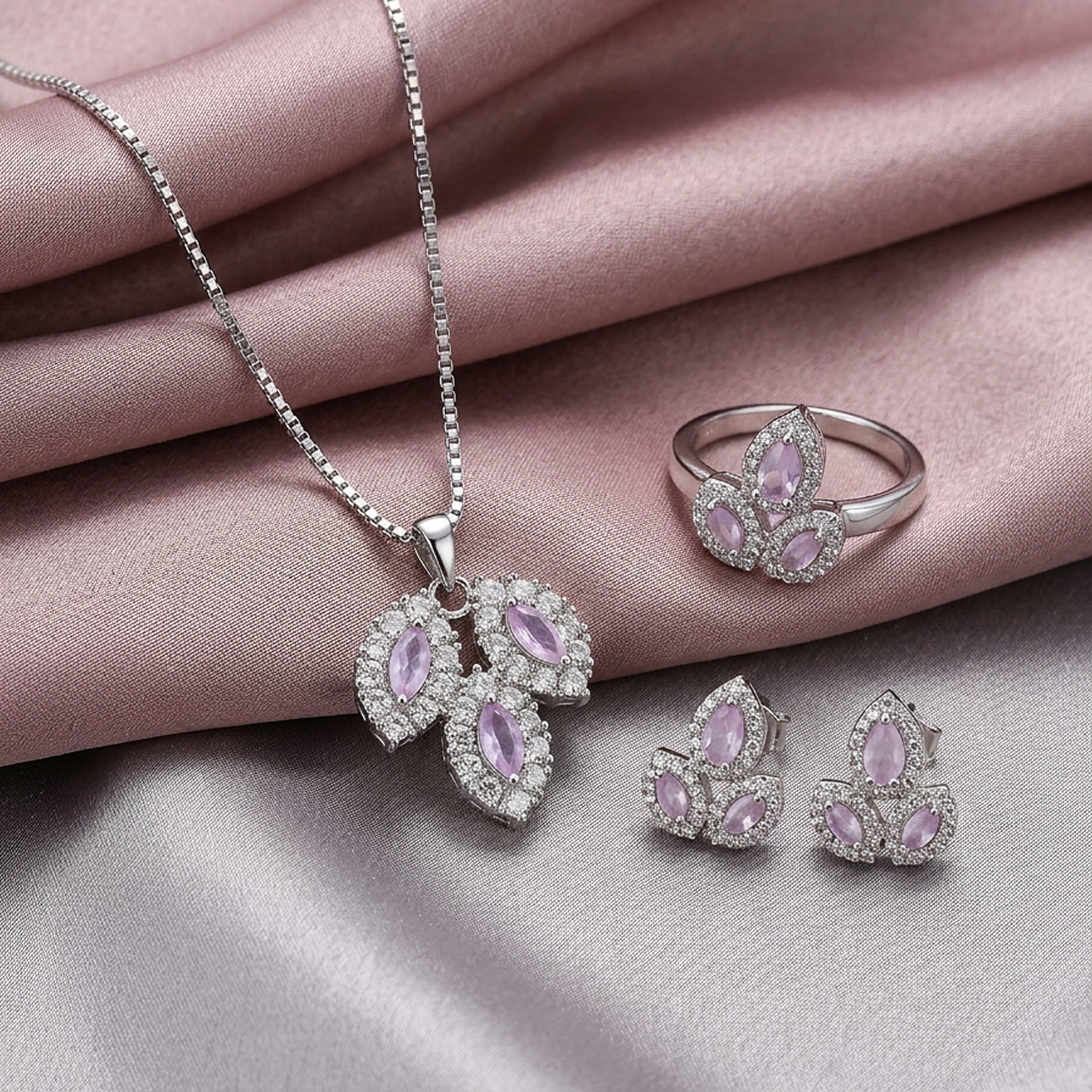 Premium Silver Leaf Stone Jewelry Set (Light Pink)