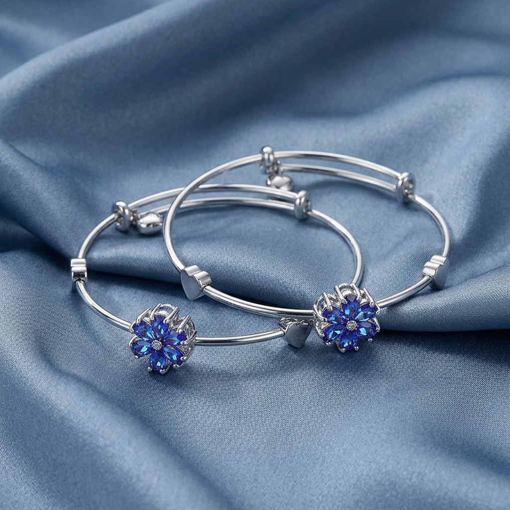 Royal Blue Floral Adjustable Silver Stainless Steel Bracelet – Set of 2