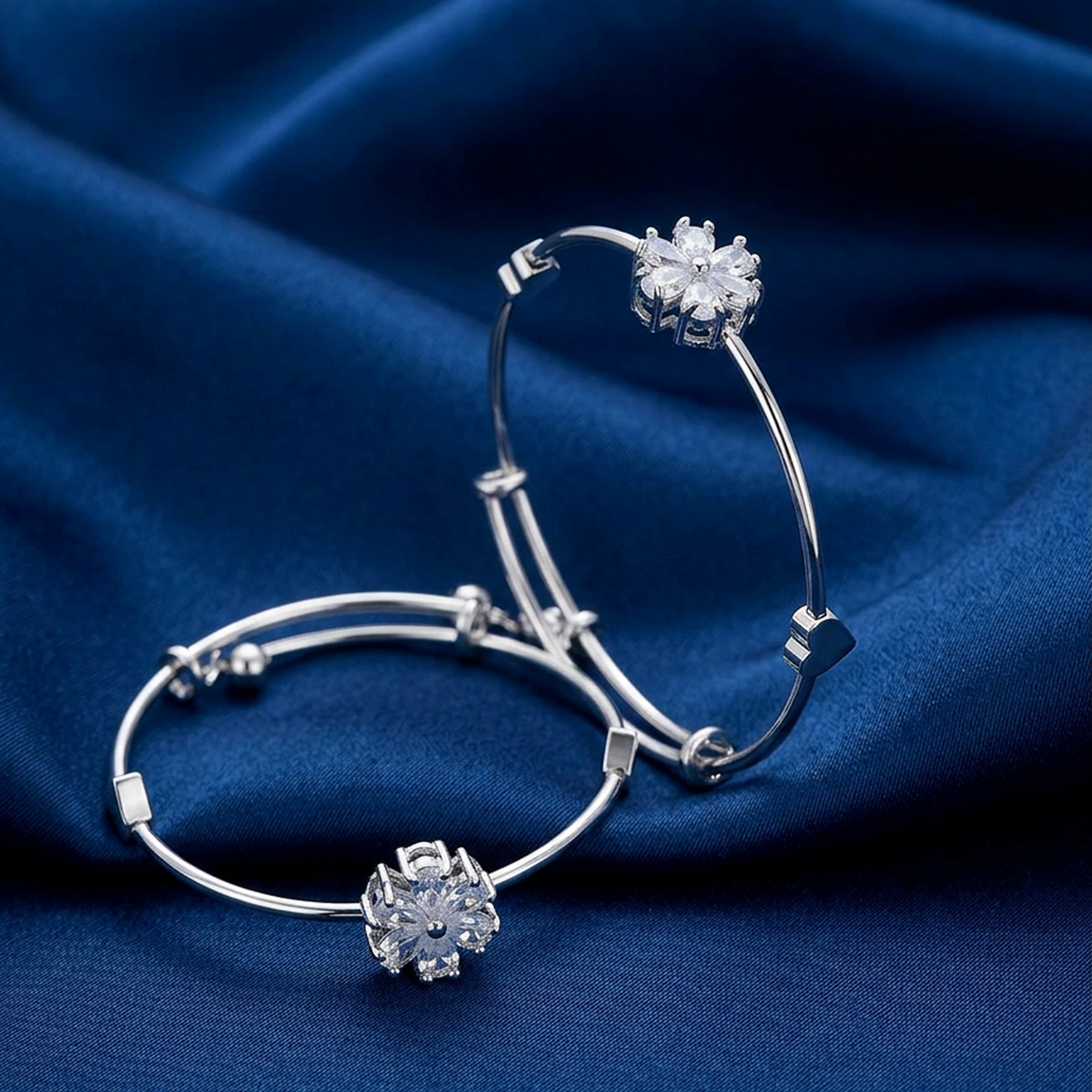 Clear Diamond Floral Adjustable Silver Stainless Steel Bracelet – Set of 2