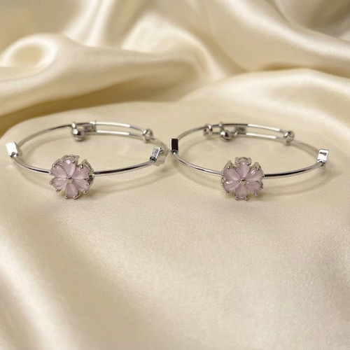 Baby Pink Floral Adjustable Silver Stainless Steel Bracelet – Set of 2