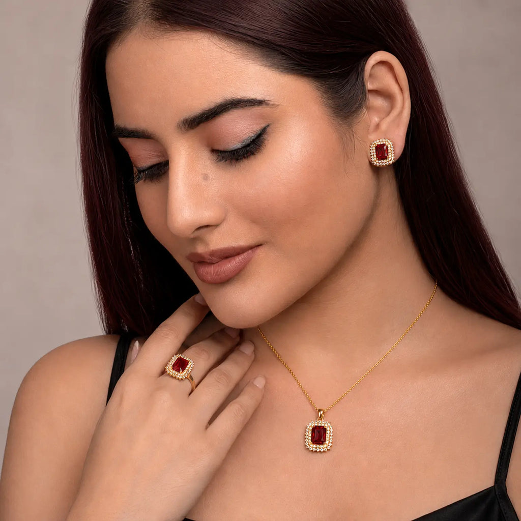 Premium Gold Square Stone Jewelry Set