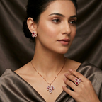 Rose gold leaf stone jewelry set by Zaraya Store, featuring a necklace, matching earrings, and ring with red and white stones.