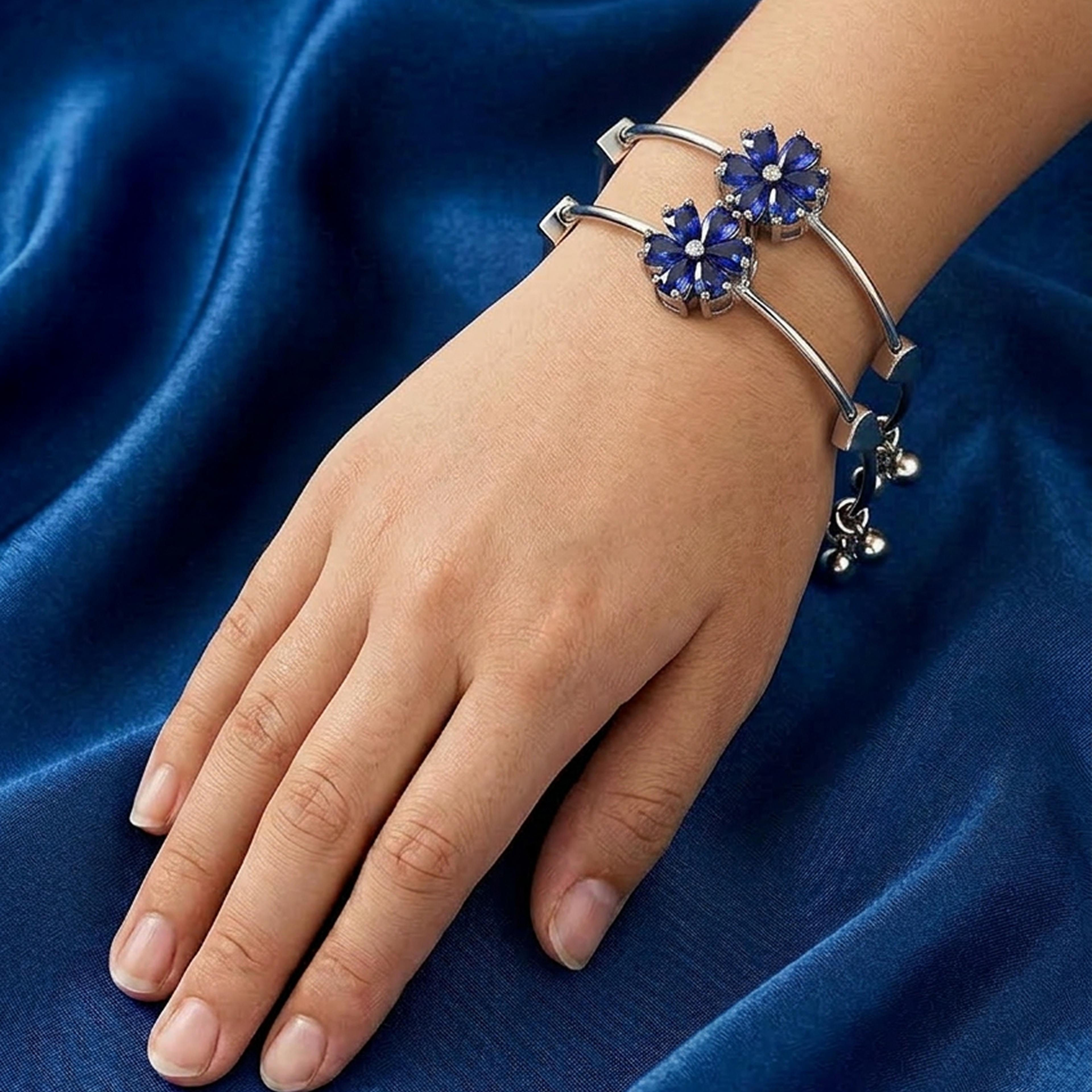 Royal Blue Floral Adjustable Silver Stainless Steel Bracelet – Set of 2