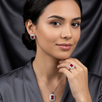 Silver-toned jewelry set by Zaraya Store featuring square red stones with white halo accents, worn by a model.