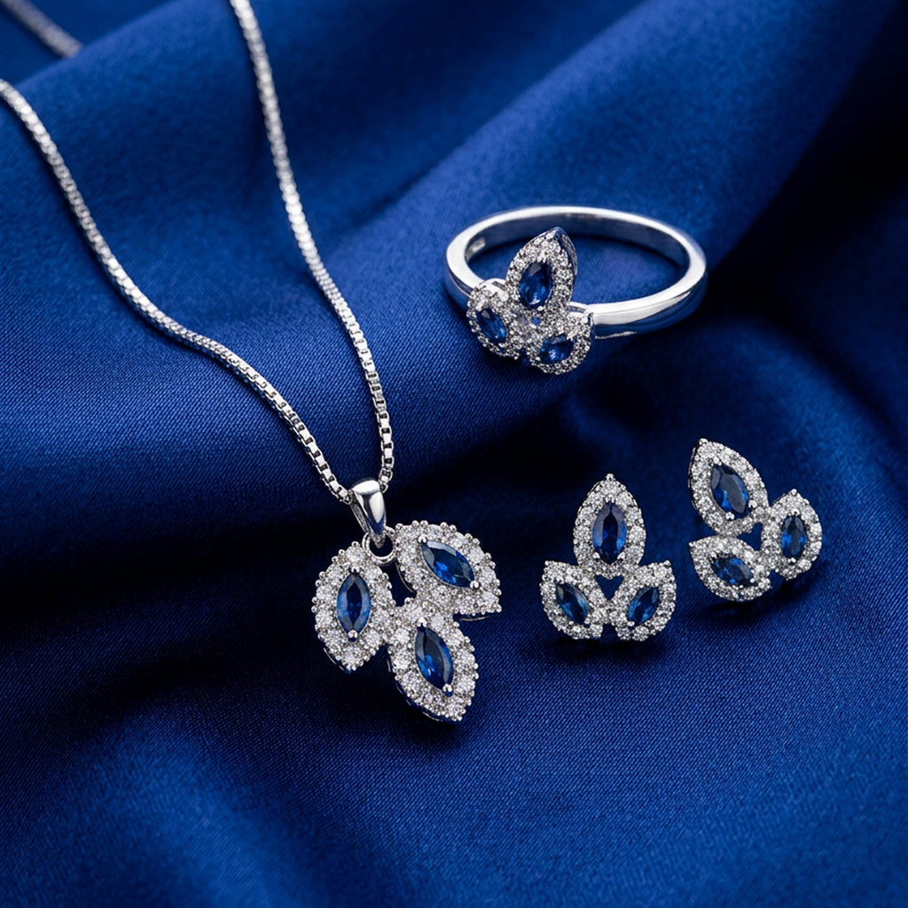 Premium SIlver Leaf Stone Jewelry Set (Blue)