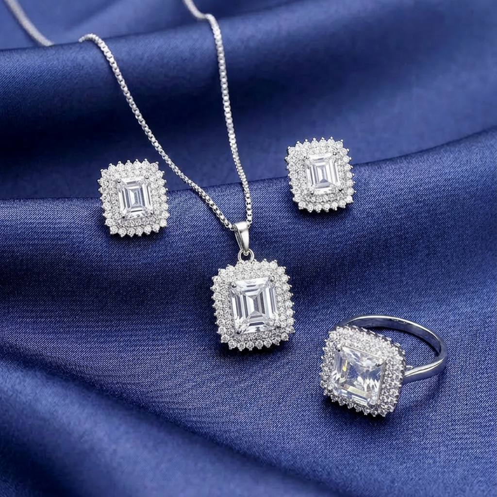 Elegant Silver Square Stone Jewelry Set (White)