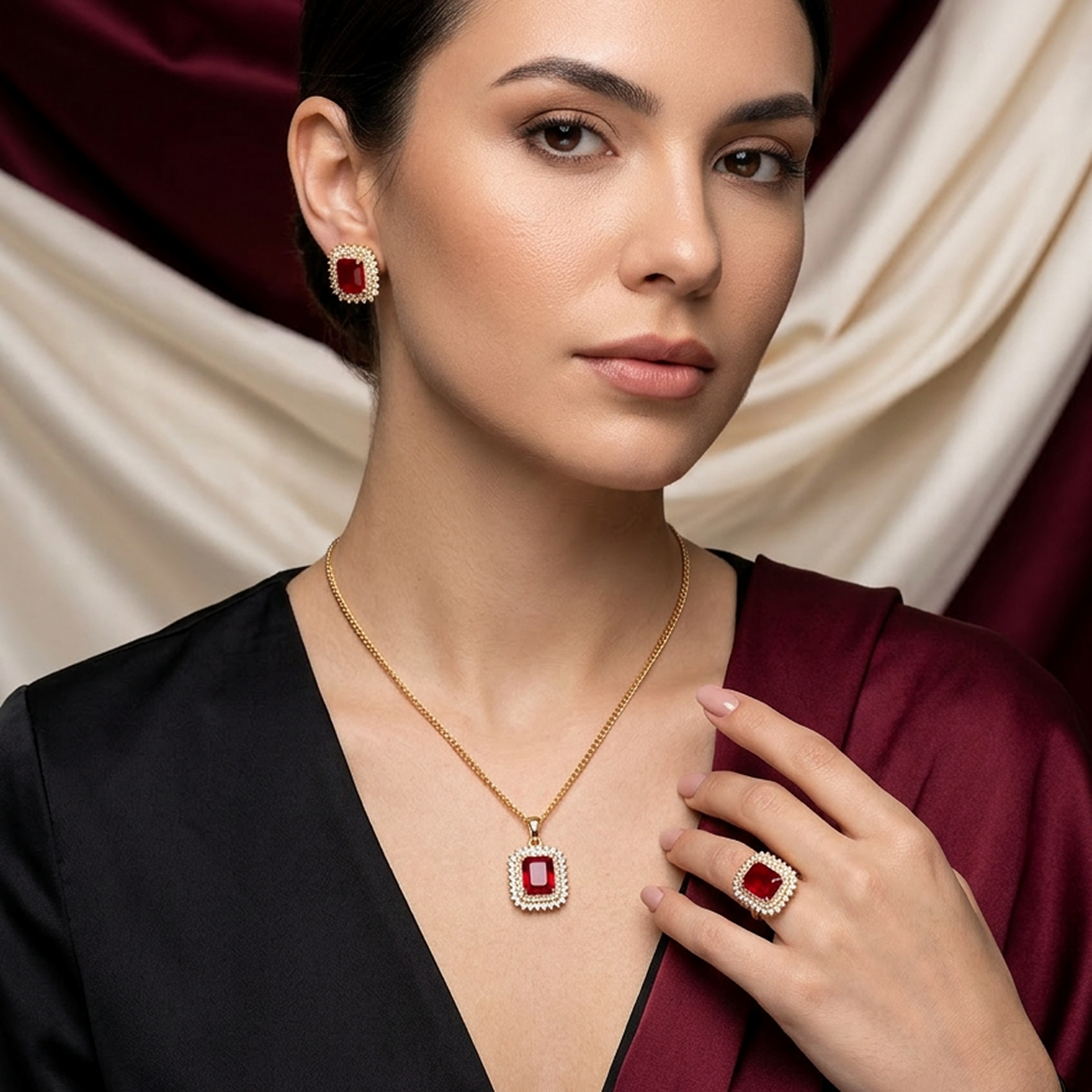 Premium Gold Square Stone Jewelry Set (Ruby Red)