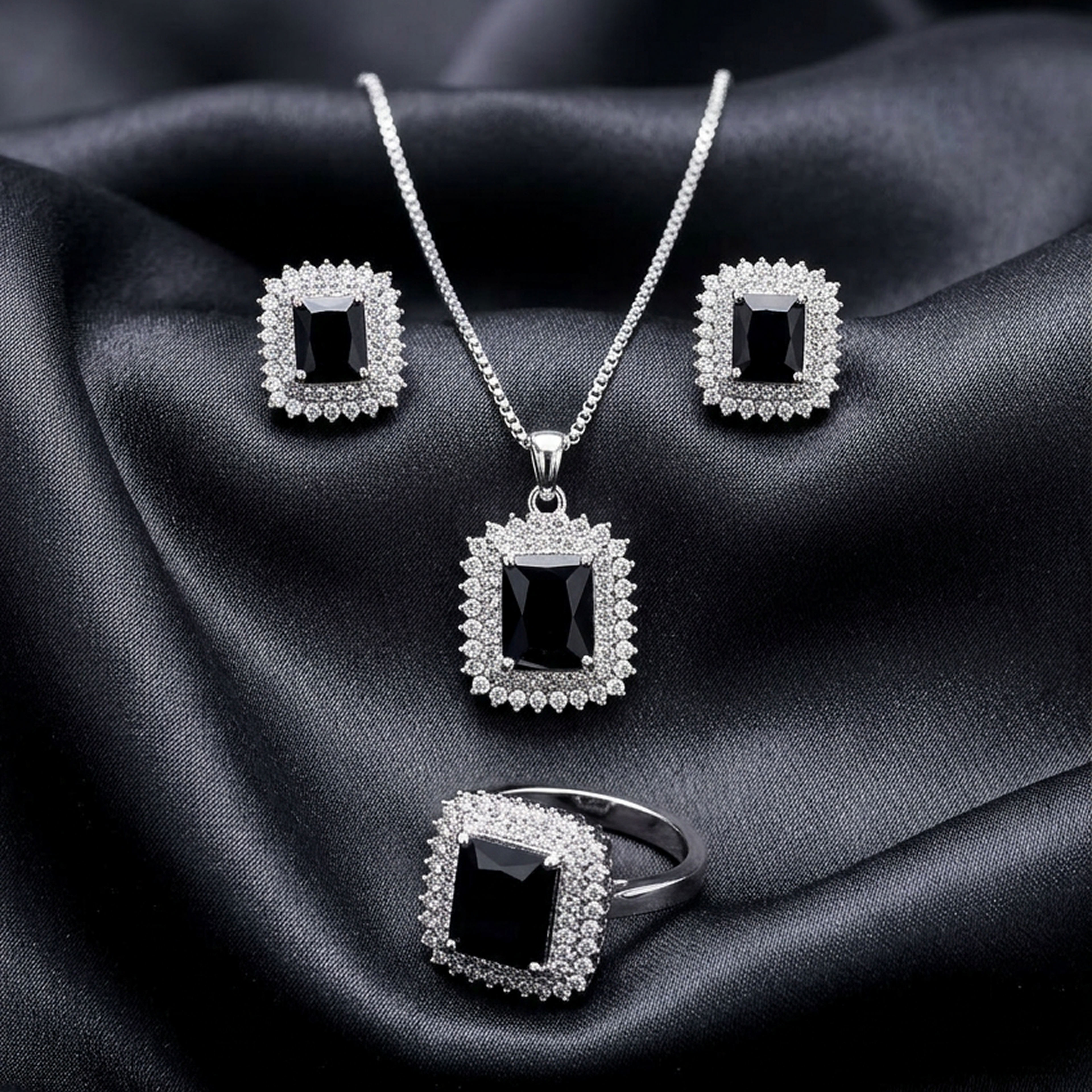 Elegant Silver Square Stone Jewelry Set (Black)