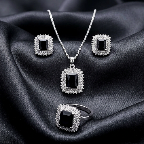 Elegant Silver Square Stone Jewelry Set (Black)