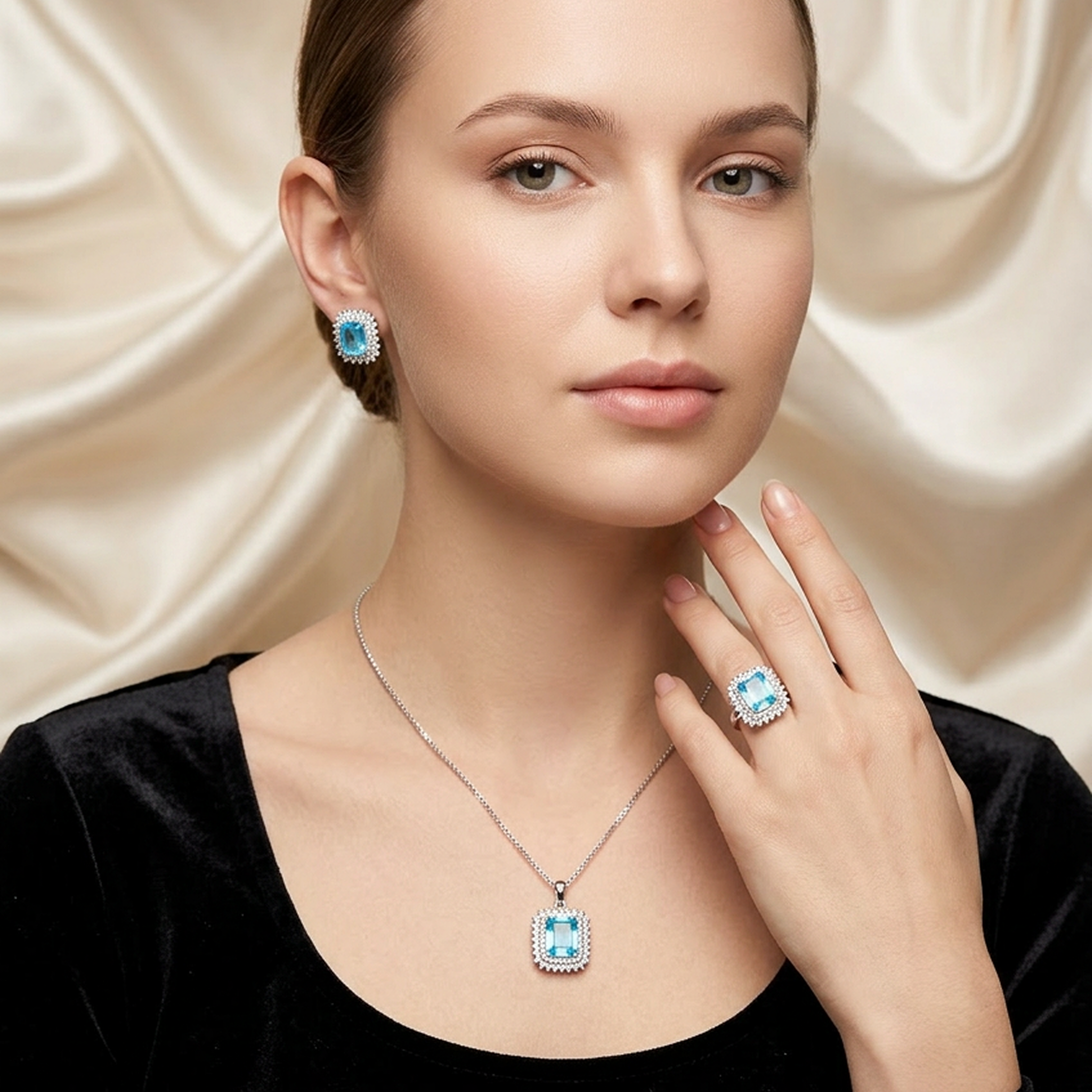 Elegant silver jewelry set with light blue square stones, including a necklace, earrings, and ring, worn by a model.