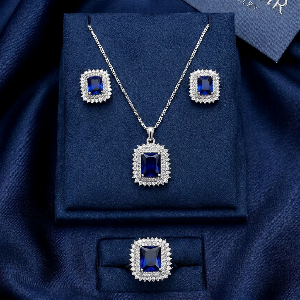 Elegant Silver Square Stone Jewelry Set (Navy Blue)