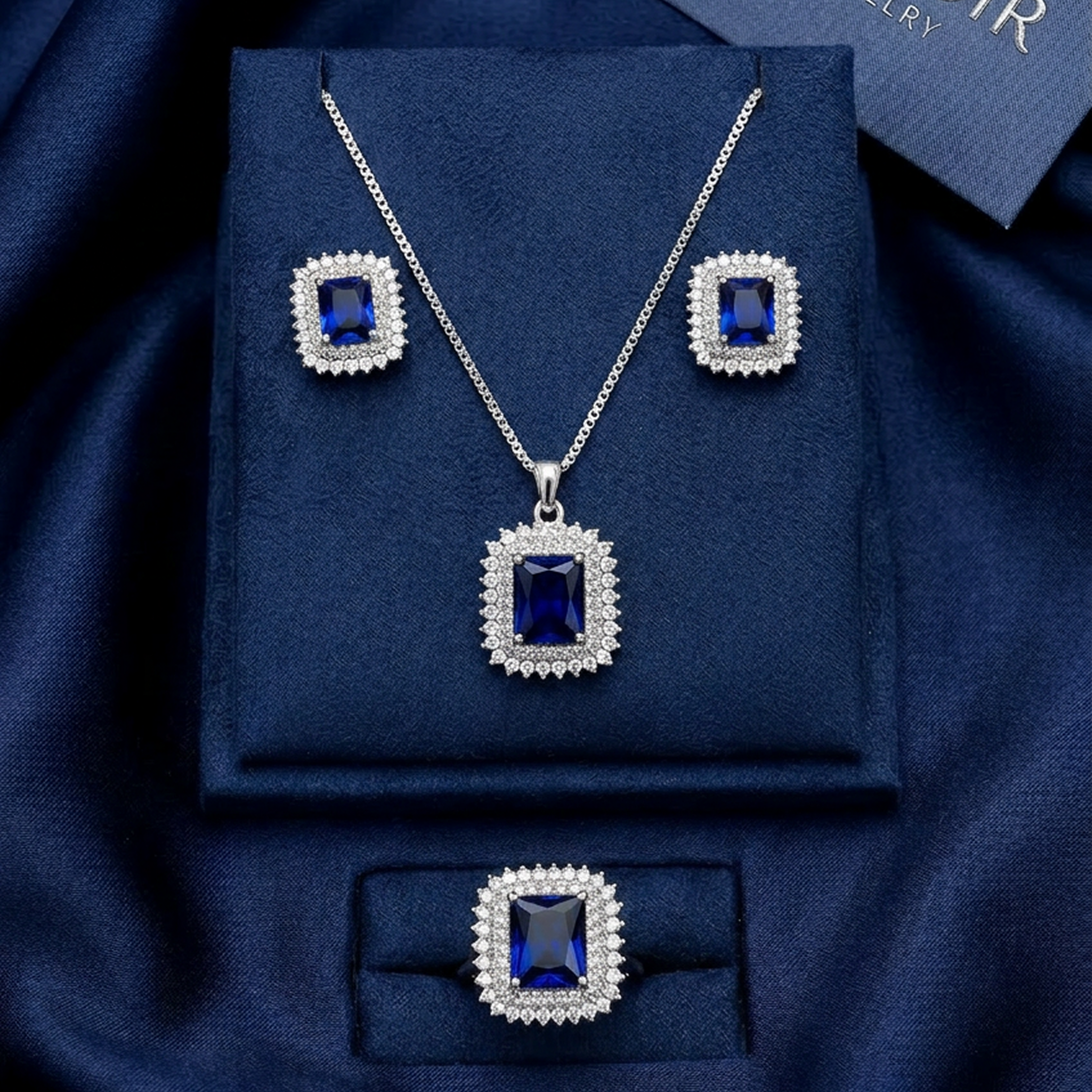 Elegant Silver Square Stone Jewelry Set (Navy Blue)