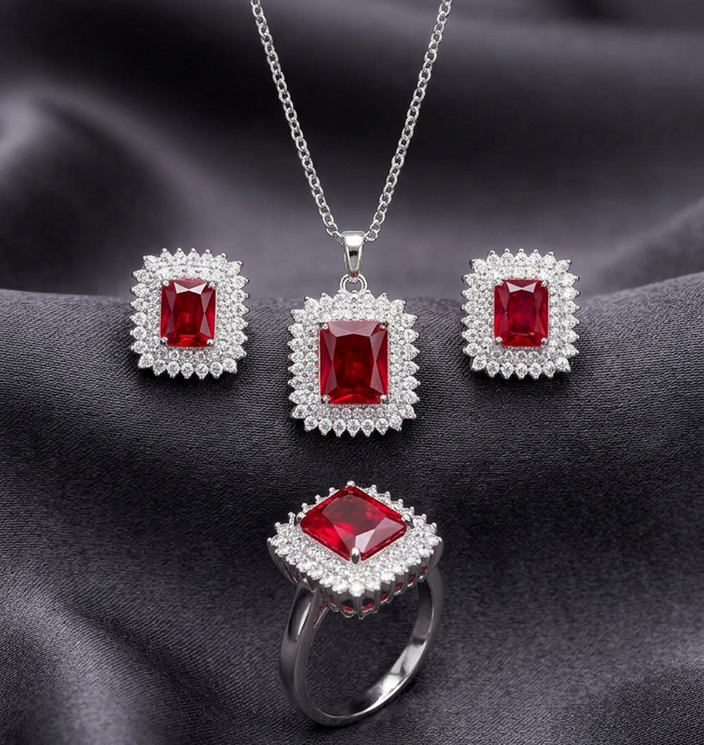 Elegant Silver Square Stone Jewelry Set (Ruby Red)