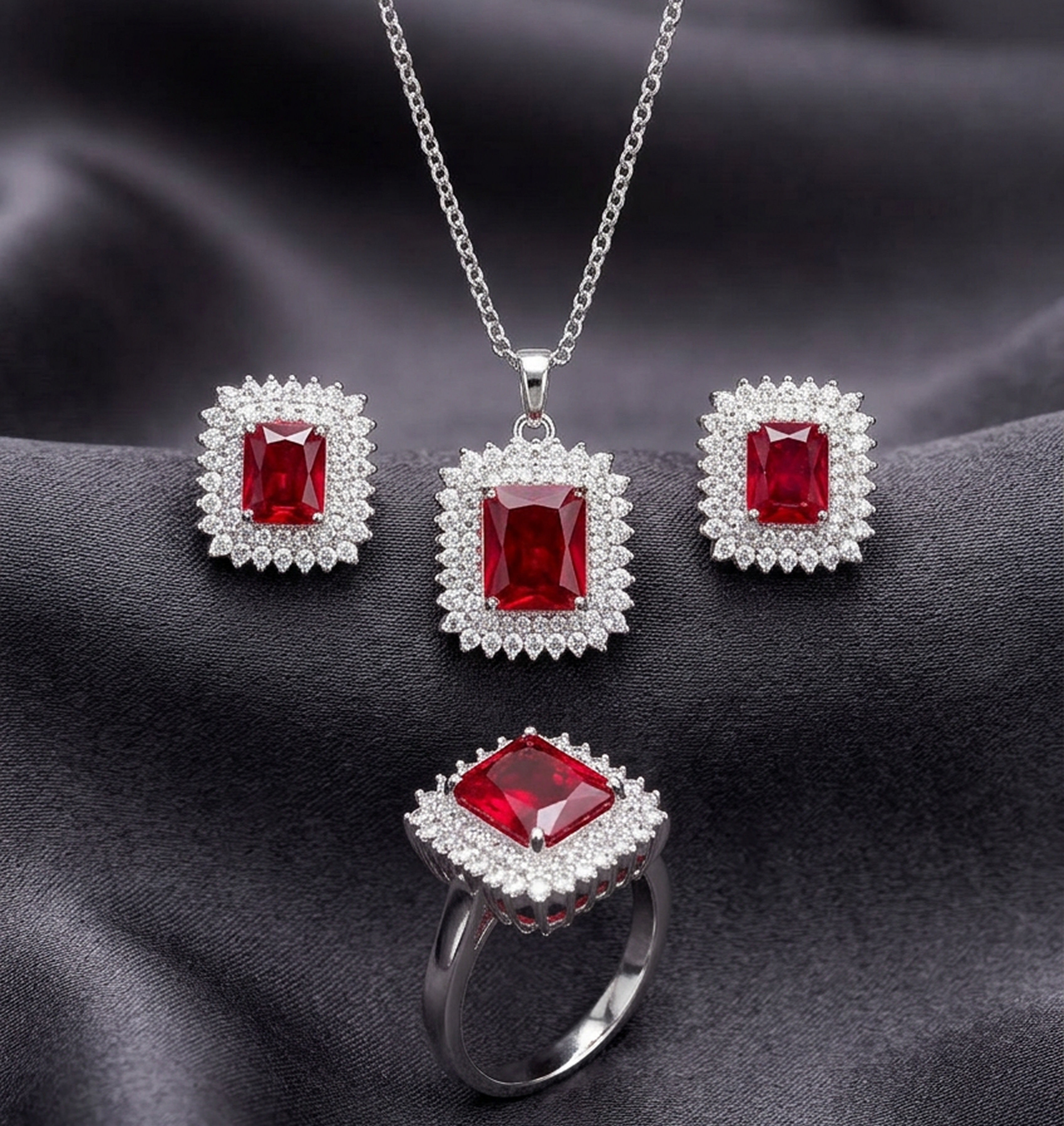 Elegant Silver Square Stone Jewelry Set (Ruby Red)