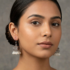 Antique white pearl Jhumki by Zaraya Store, silver-toned with intricate traditional designs and dangling pearl drops.