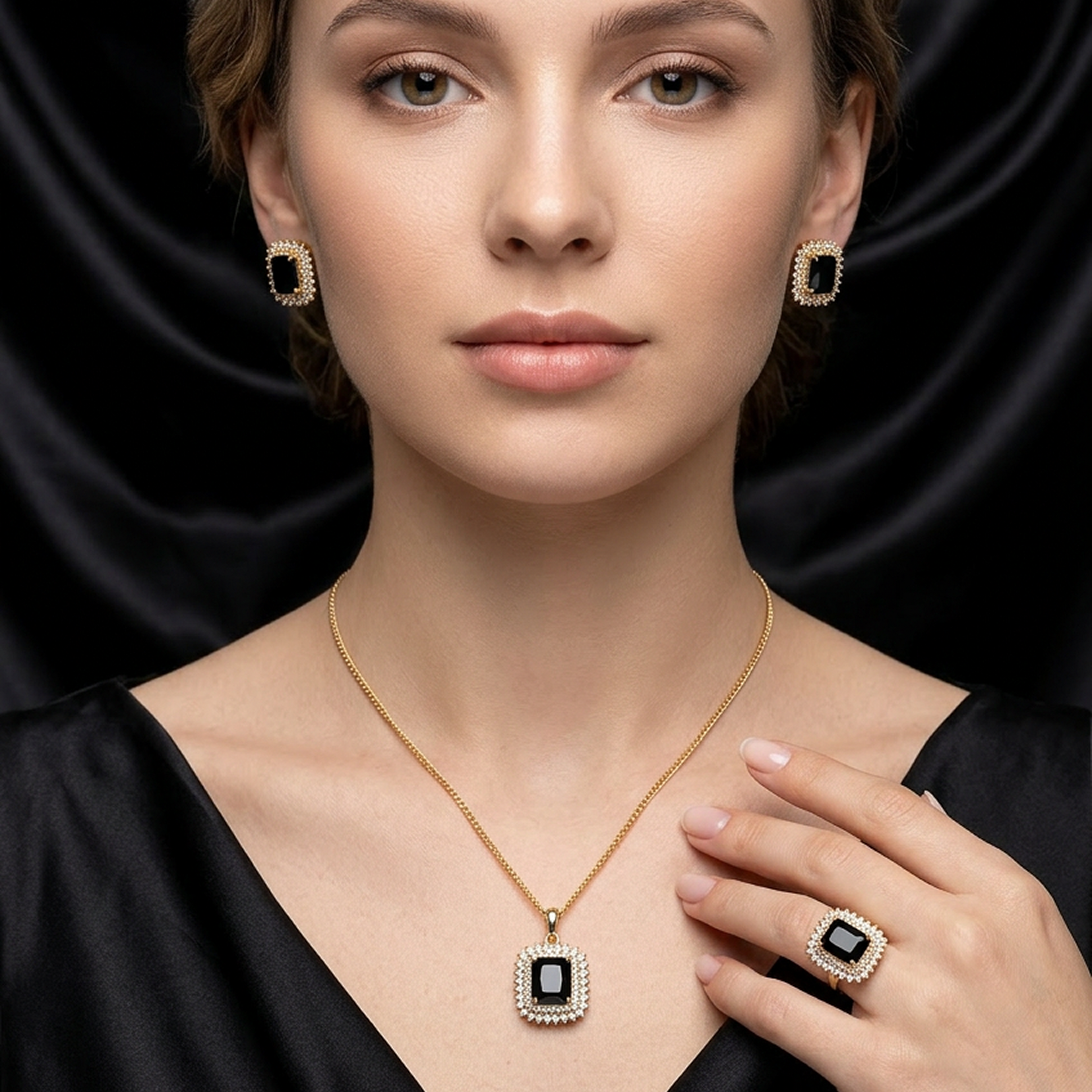 Premium Gold Square Stone Jewelry Set (Black)