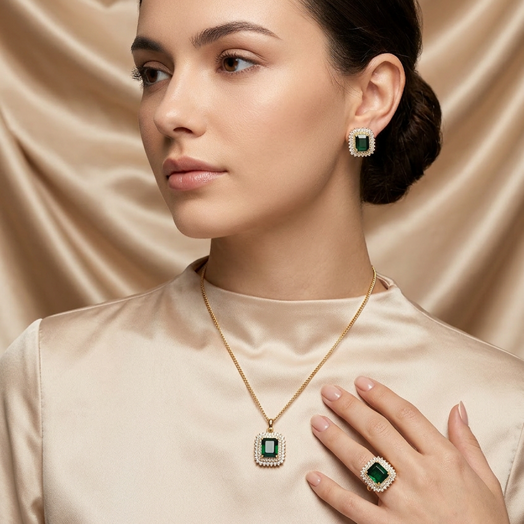 Premium Gold Square Stone Jewelry Set (Emerald Green)