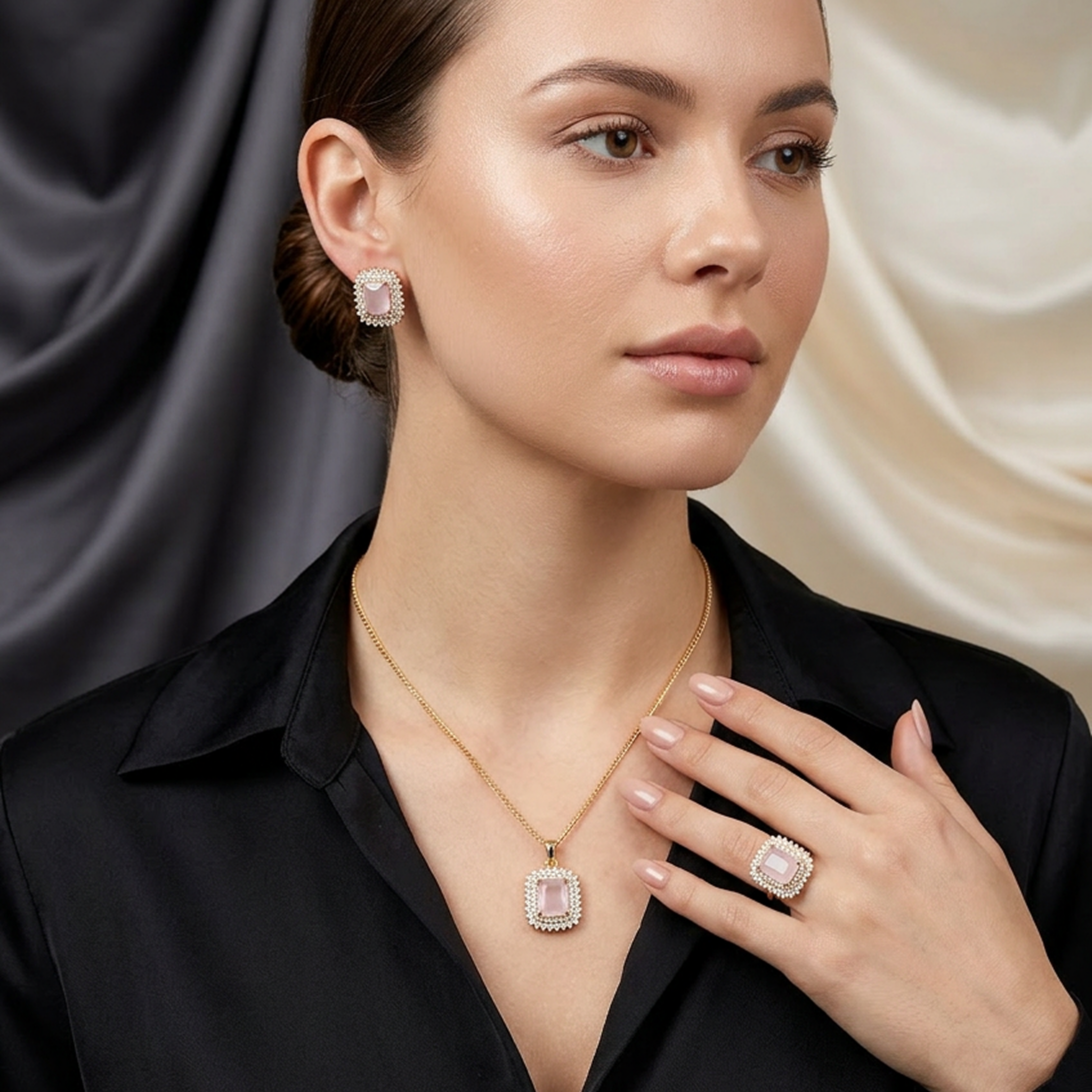 Premium Gold Square Stone Jewelry Set (Light Pink)