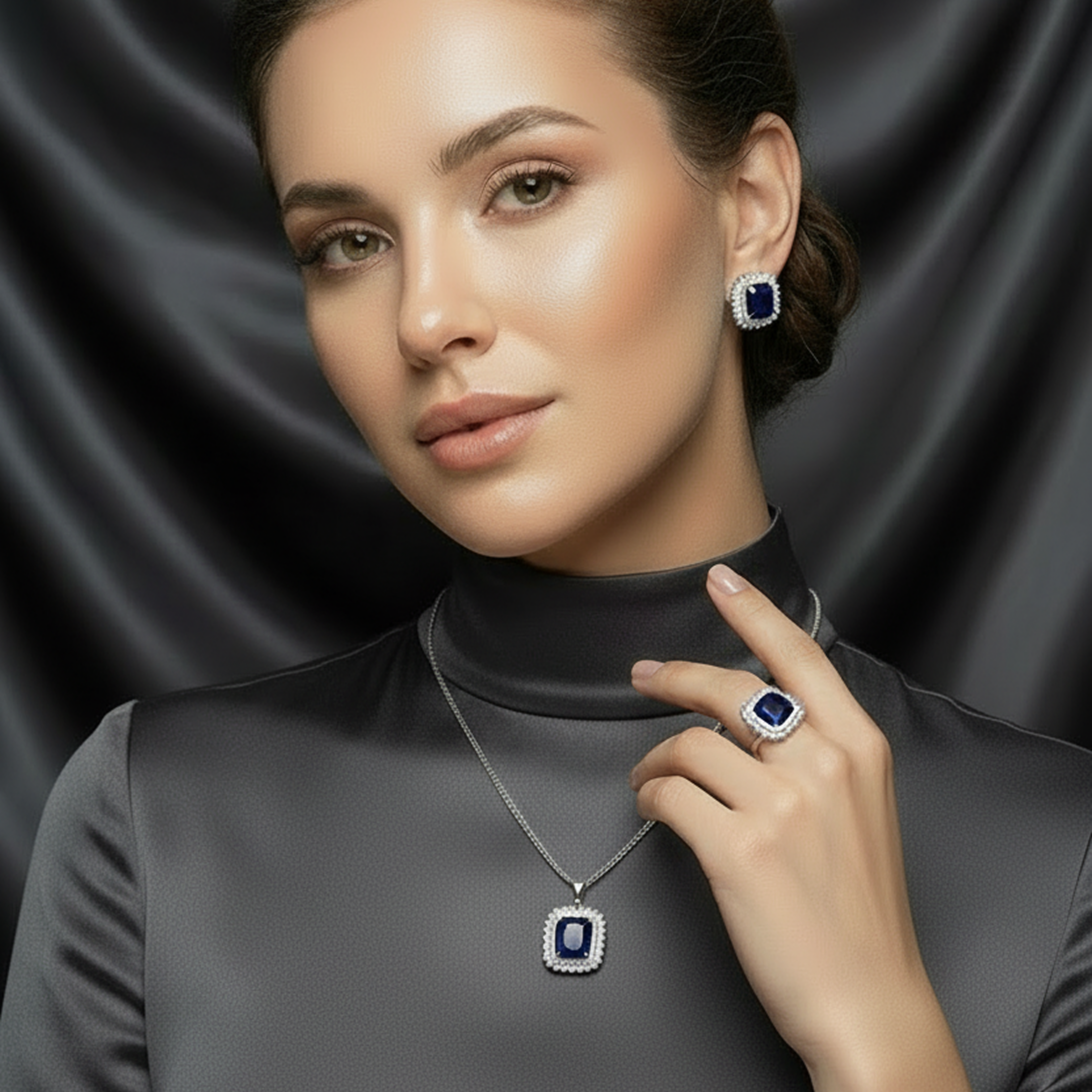 Elegant Silver Square Stone Jewelry Set by Zaraya Store, featuring deep blue gems with clear accents, worn by a model in a gray turtleneck.