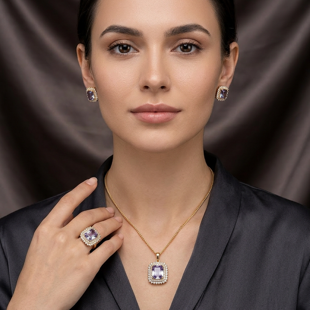 Premium Gold Square Stone Jewelry Set (White)