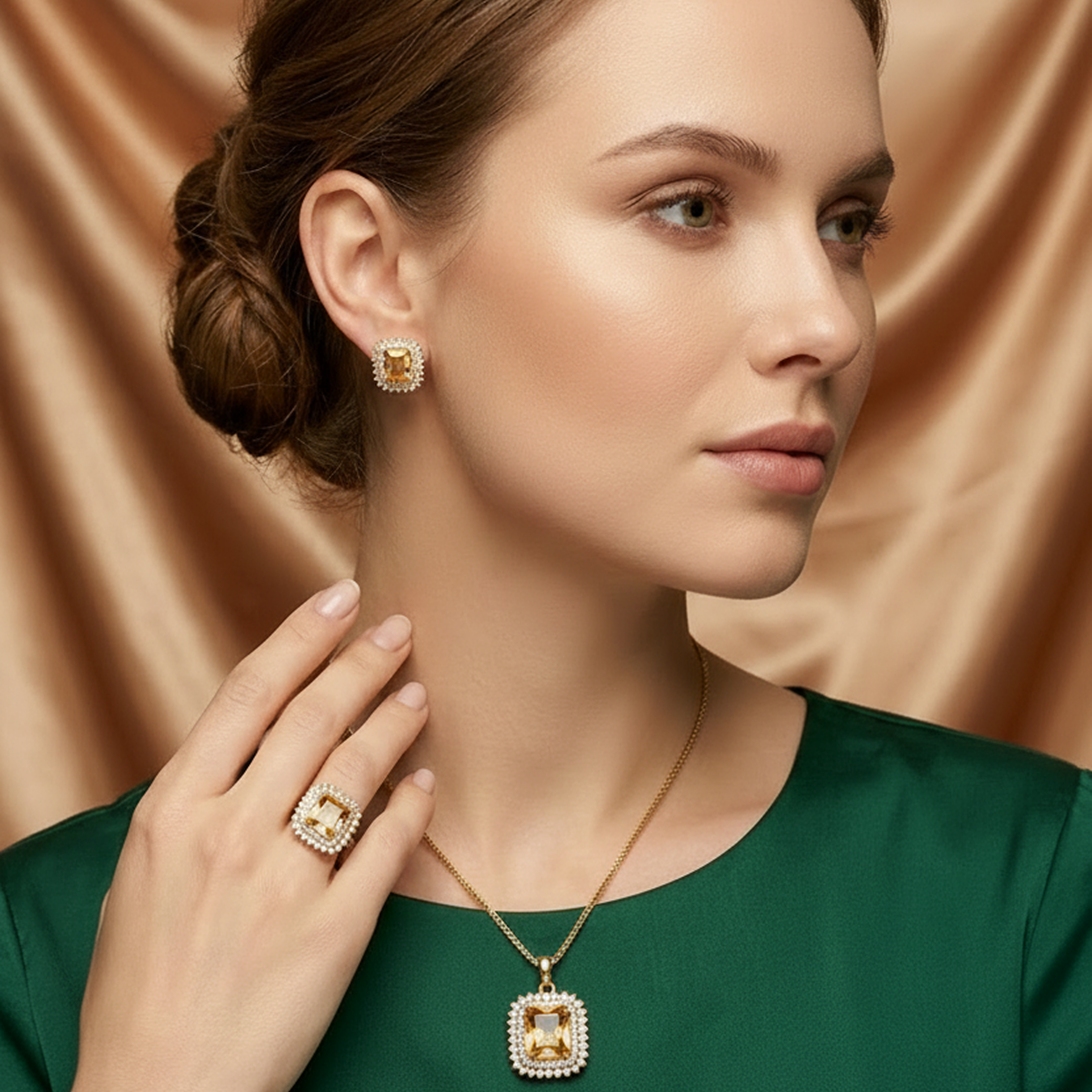 Premium Gold Square Stone Jewelry Set (Light Amber)