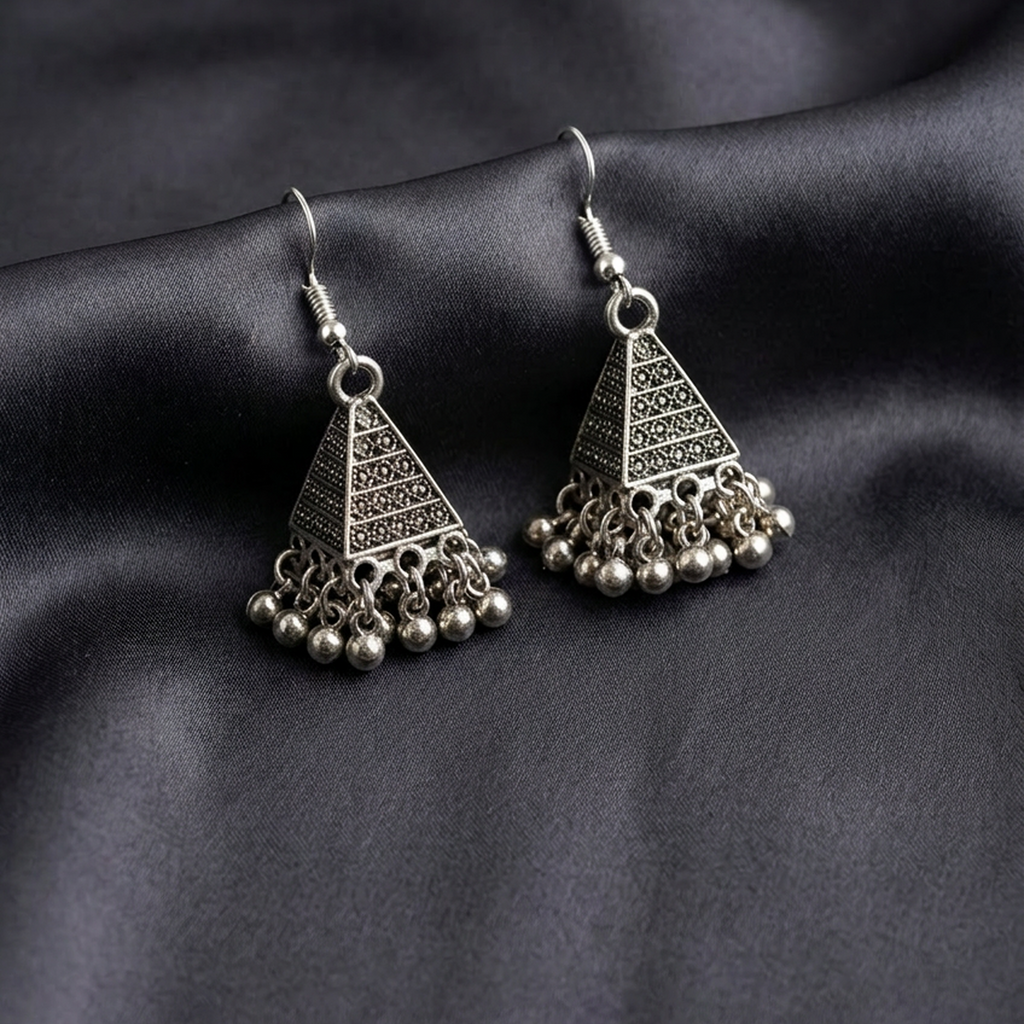 Antique Silver Pearl Triangle Jhumki