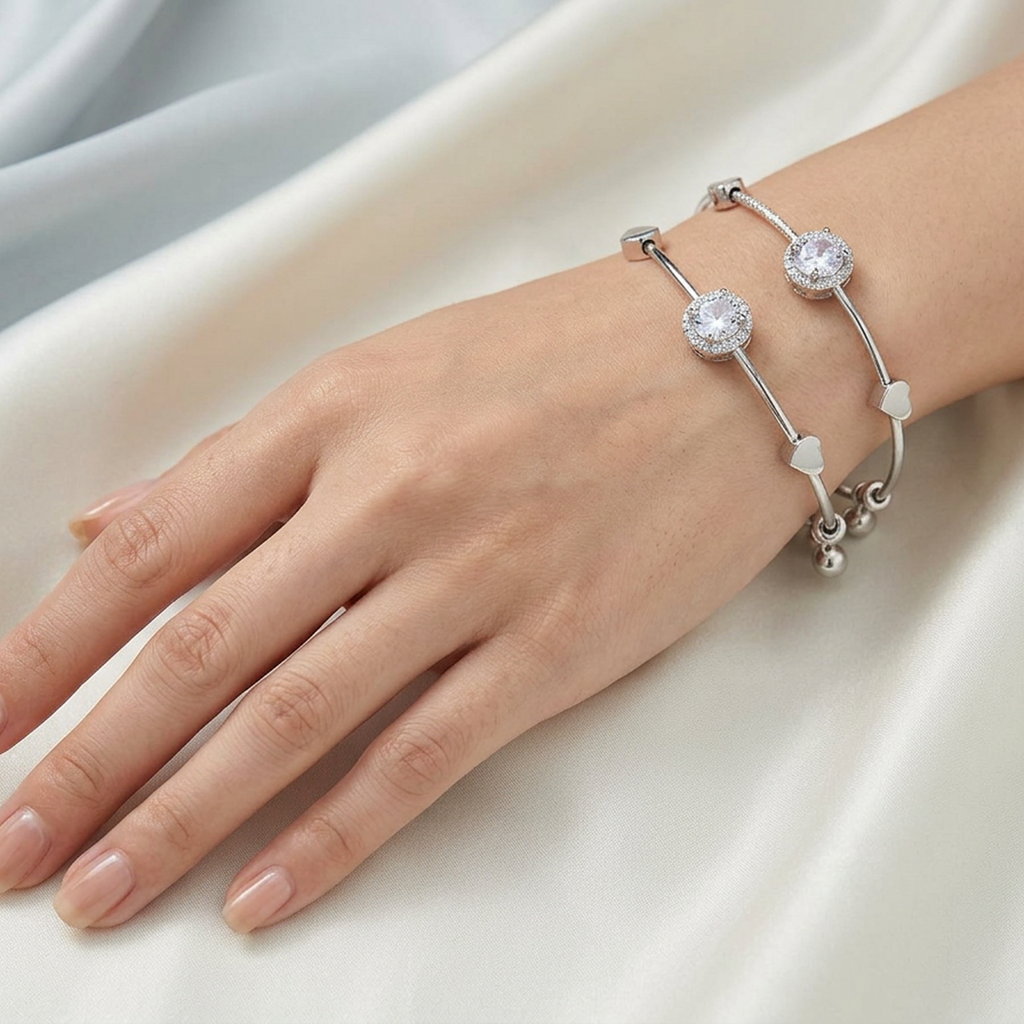 Elegant Stainless Steel Silver Halo Solitaire Bracelets – Set of 2