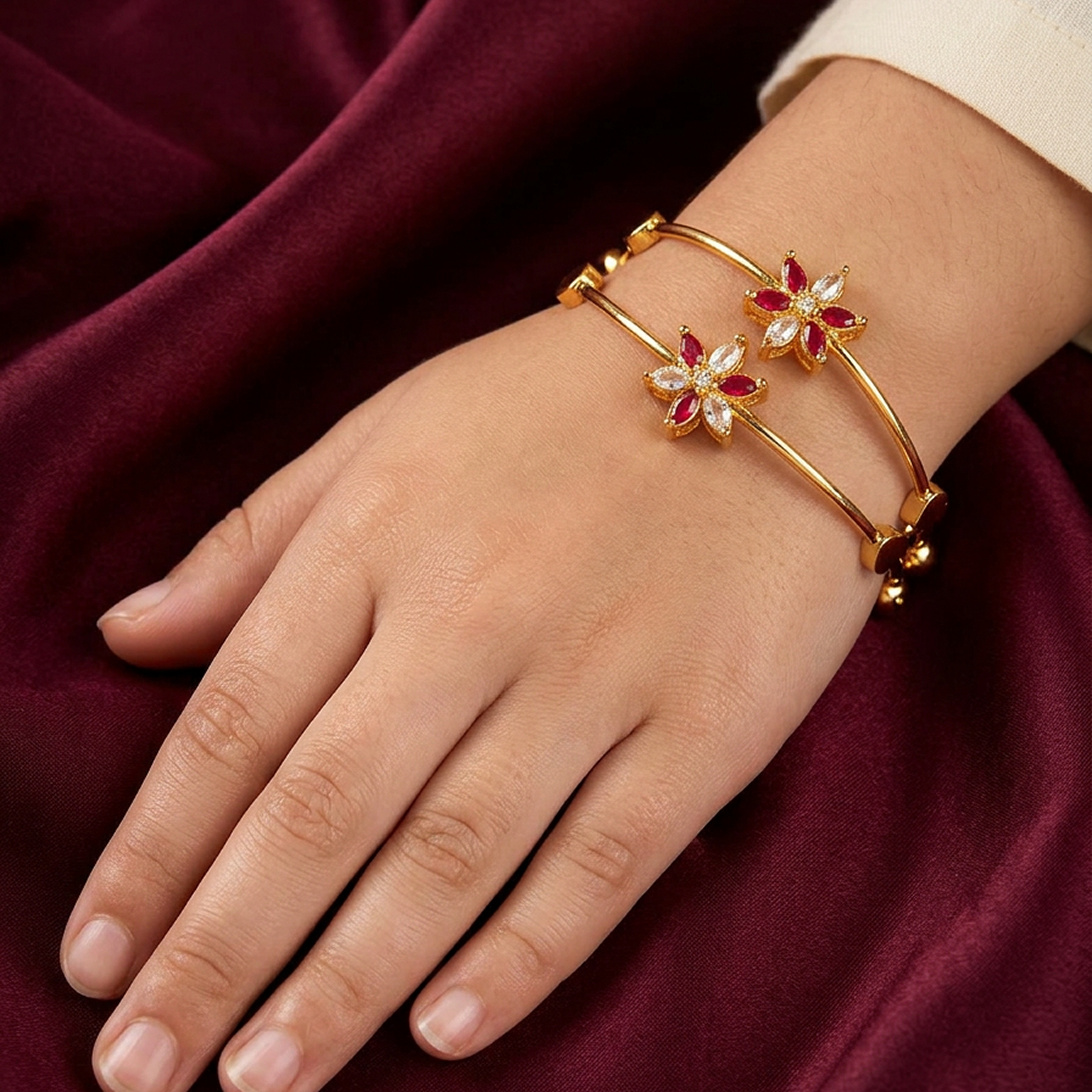 Red & Clear Floral Adjustable Gold Stainless Steel Bracelets – Set of 2