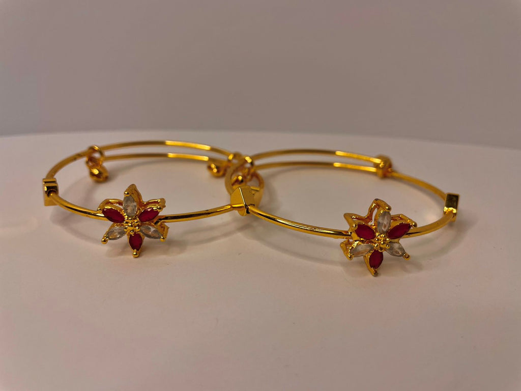 Red & Clear Floral Adjustable Gold Stainless Steel Bracelets – Set of 2