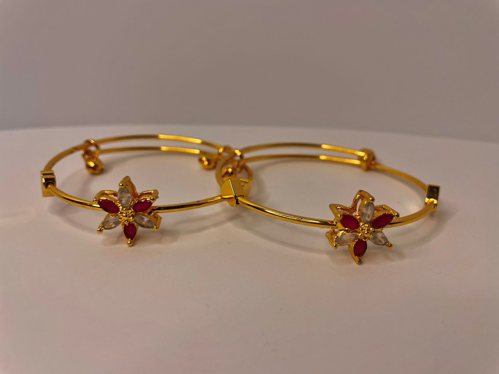 Red & Clear Floral Adjustable Gold Stainless Steel Bracelets – Set of 2