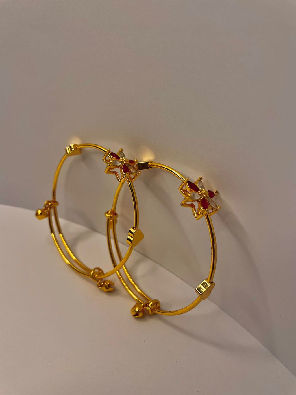 Red & Clear Floral Adjustable Gold Stainless Steel Bracelets – Set of 2