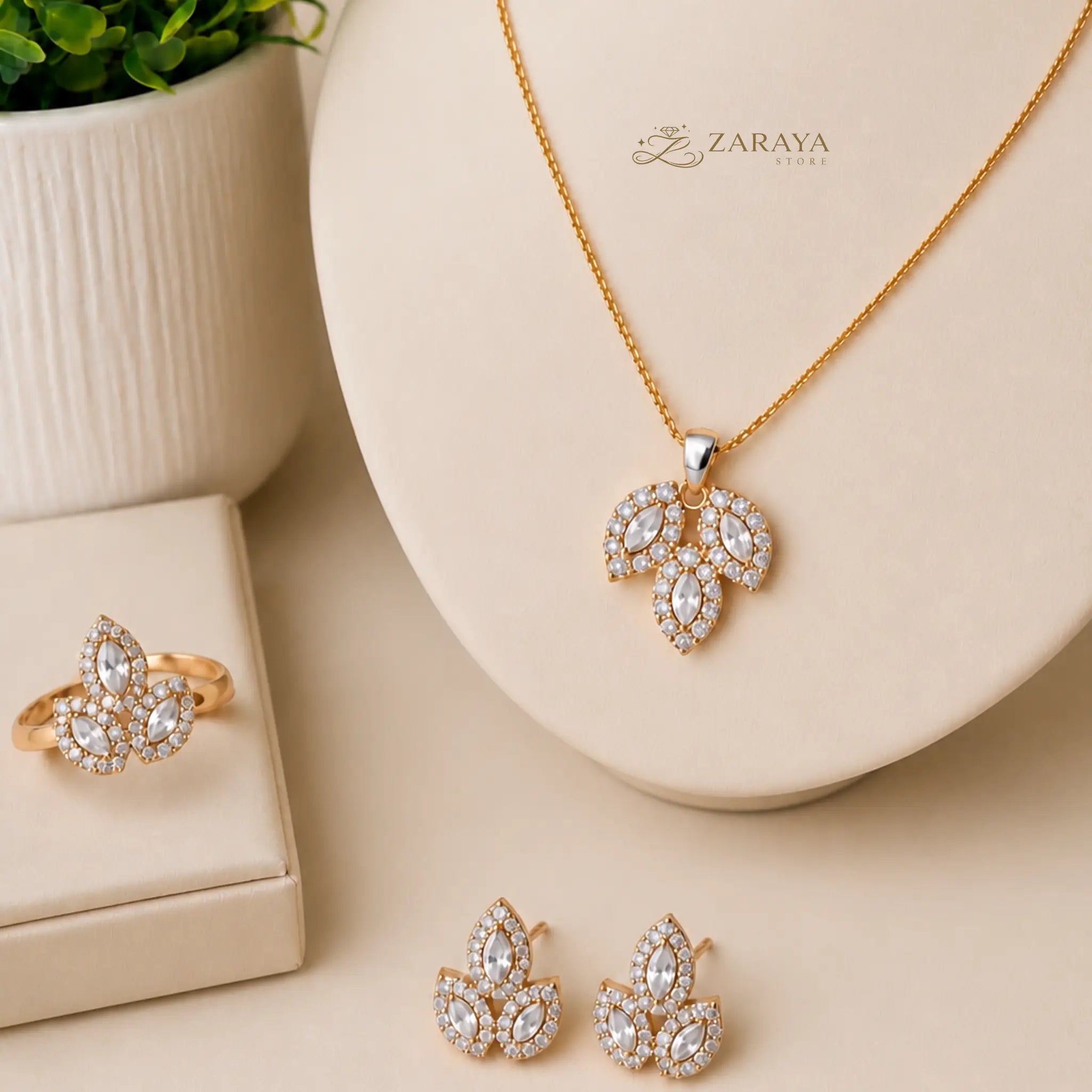 Luxury Gold Leaf Stone Jewelry Set
