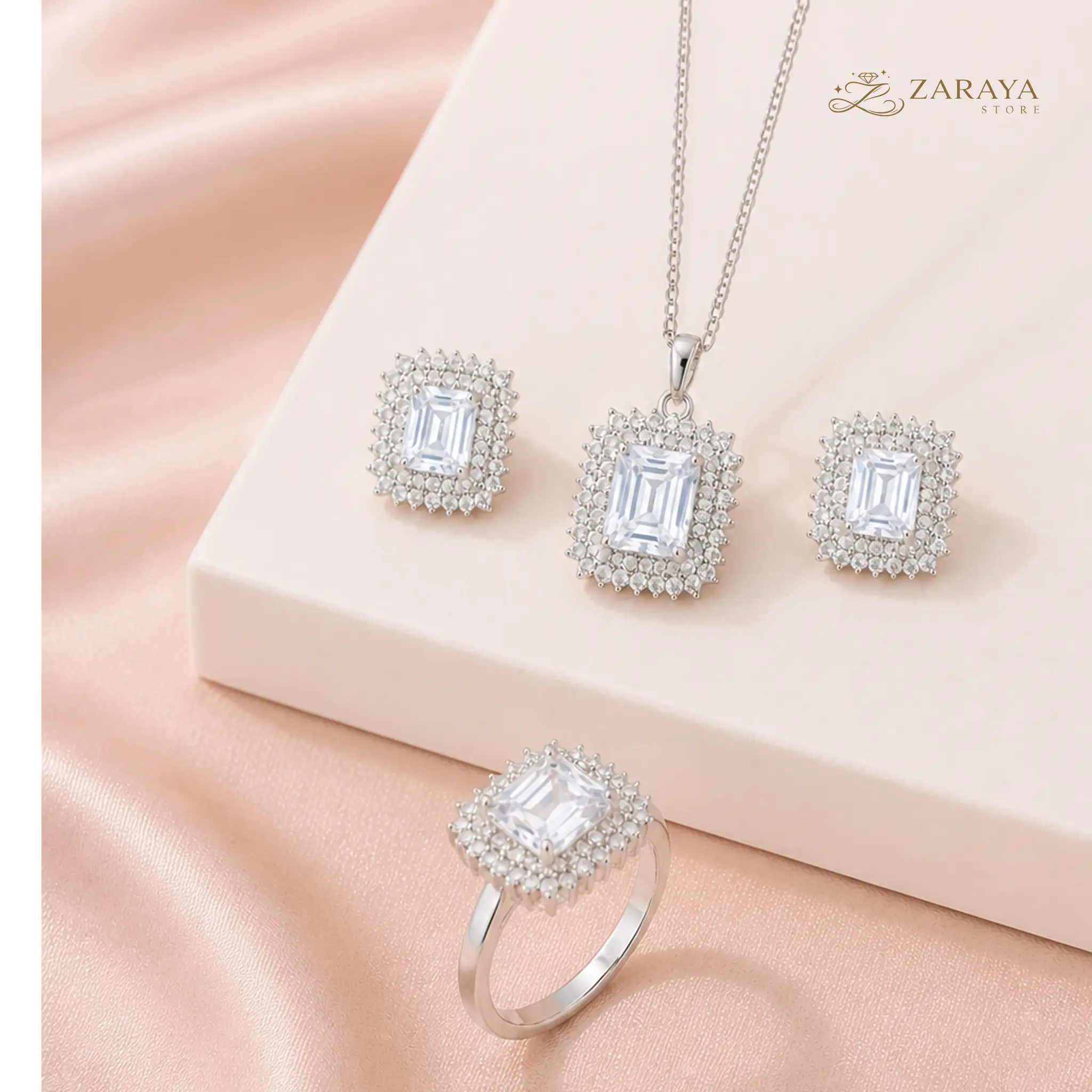 Elegant Silver Square Stone Jewelry Set