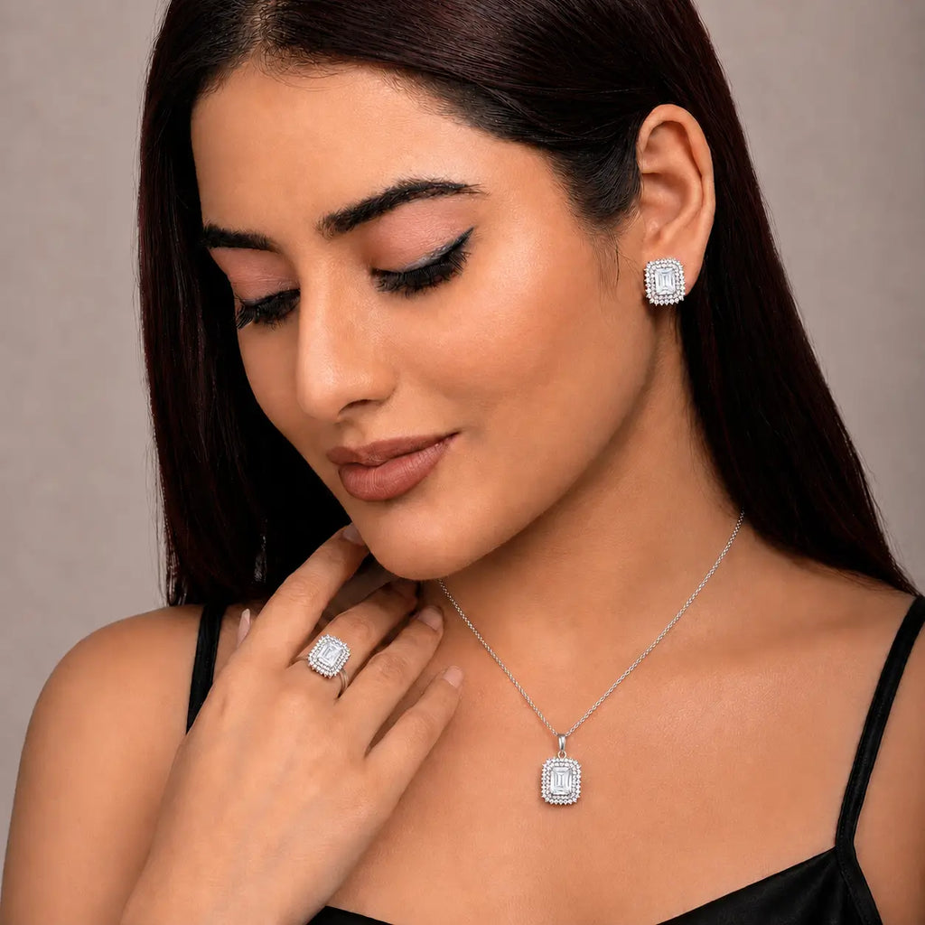 Elegant Silver Square Stone Jewelry Set