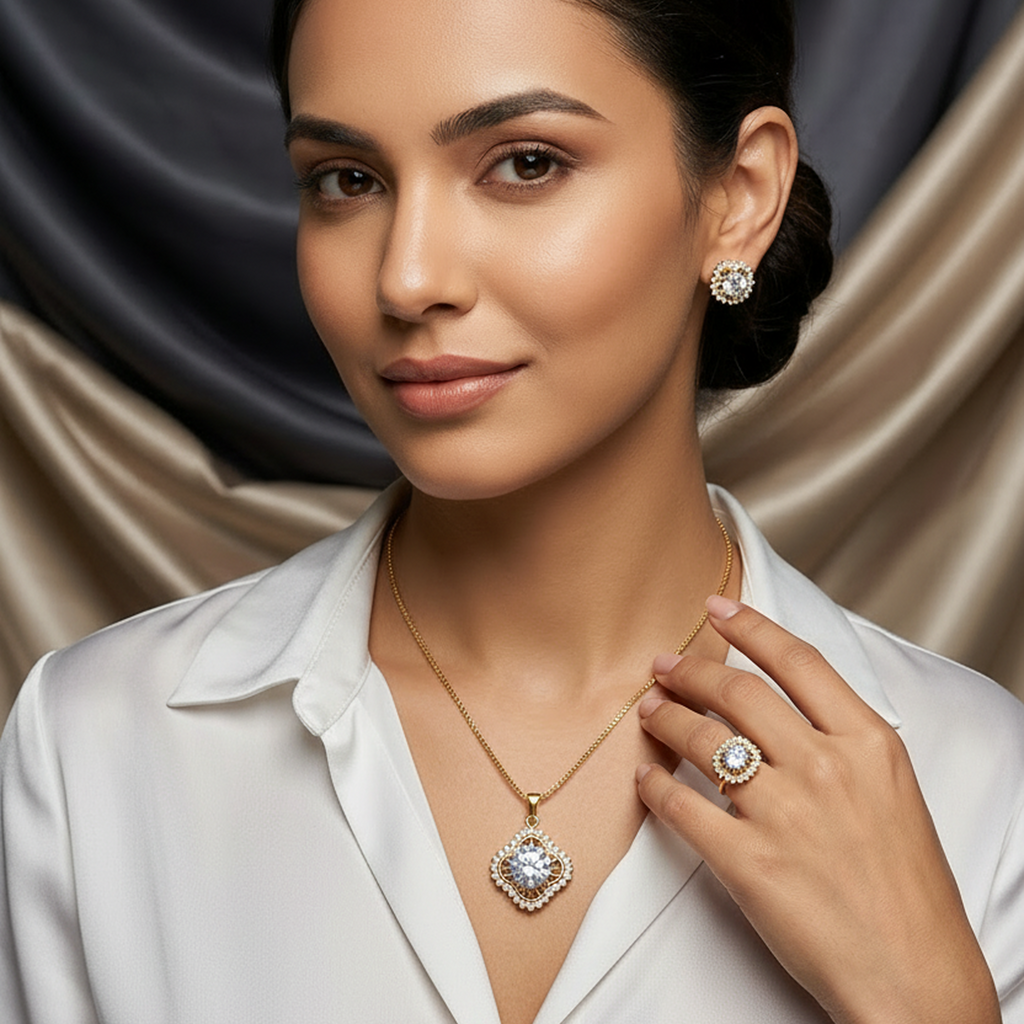 Gold round stone jewelry set featuring white stones, worn by a woman in a white shirt.